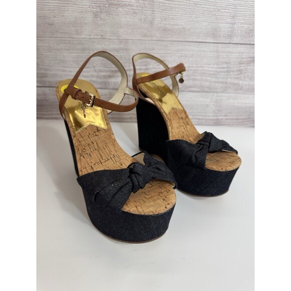 Michael Kors Denim Cork Wedge Sandals Size 9  Ankle Strap Espadrille Heels - Picture 2 of 13